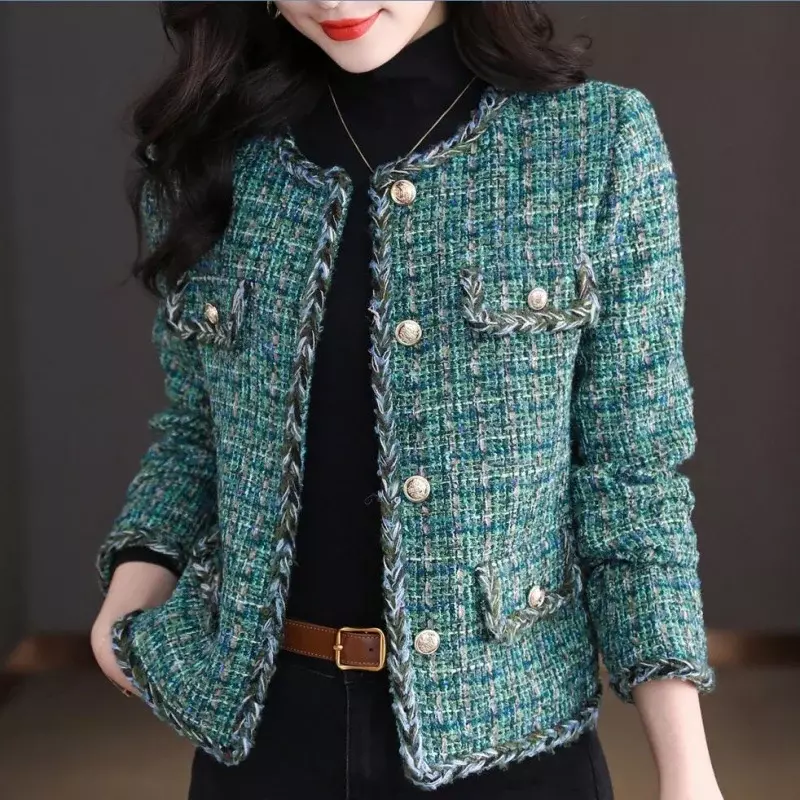 เสื้อแจ็กเก็ตสำหรับผู้หญิงคอกลมสีเขียวผ้าทวีตแบบเรียบง่ายสำหรับฤดูหนาวและ2023ฤดูใบไม้ร่วงใหม่1989