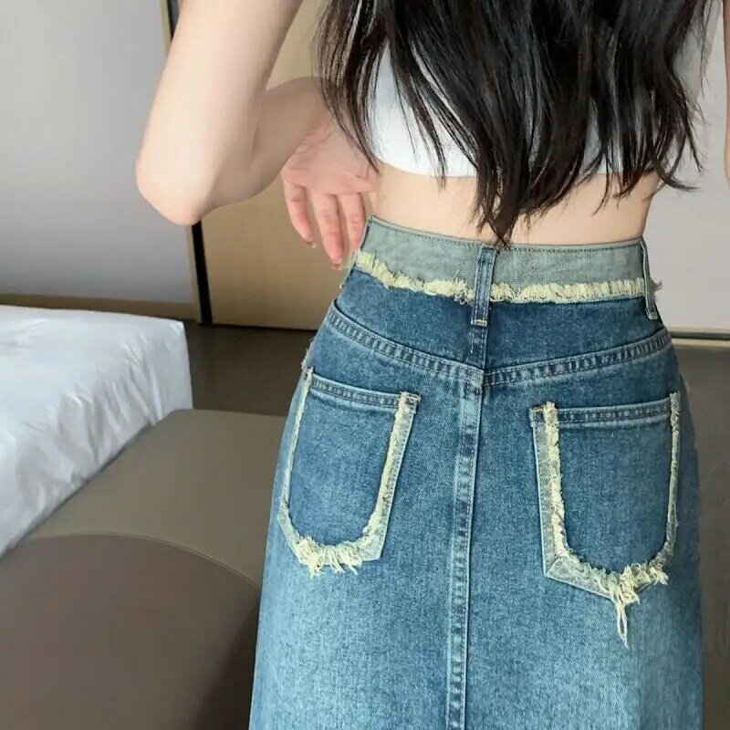Saia jeans dividida de cintura alta para mulheres, Split A-Line, bolso lavado, comprimento médio, roupas femininas, novo