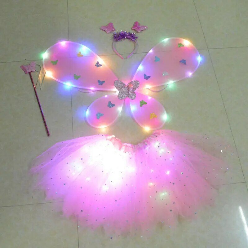 New Colorful Light-emitting Butterfly Wings Cartoon Wings Children's Angel Wings Elf Light-emitting Skirt 2pcs Kids Party Props