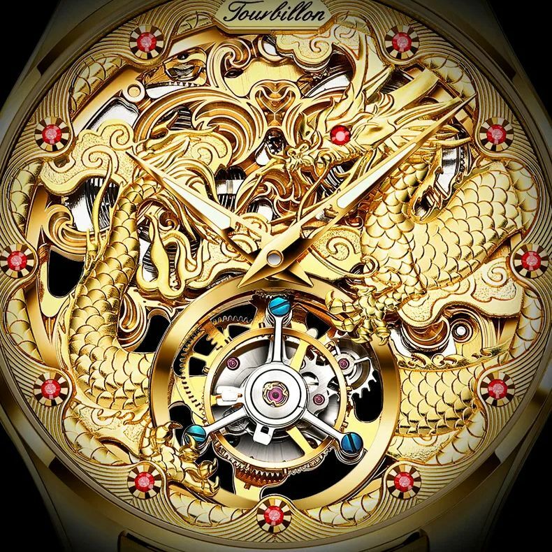OUPINKE-Gold Dragon relógio automático para homens, Tourbillon esqueleto relógios, luxo de alta qualidade relógio de pulso mecânico