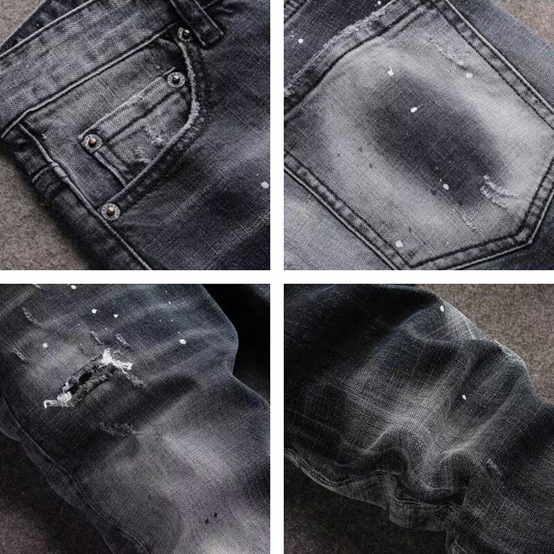 Pantalones vaqueros rasgados elásticos para Hombre, Jeans Retro de alta calidad, color negro y gris, estilo Hip Hop