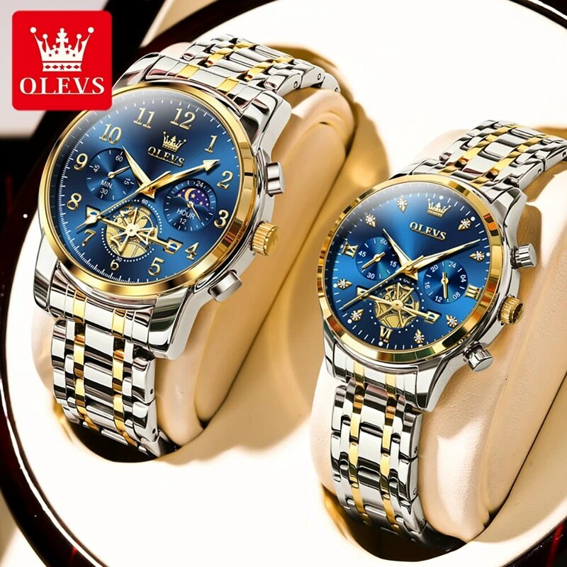 Marka OLEVS 2024 nowy luksusowy zegarek kwarcowy z tourbillonem dla par ze stali nierdzewnej wodoodporne świecące modne zegarki z fazą księżyca miłośnicy