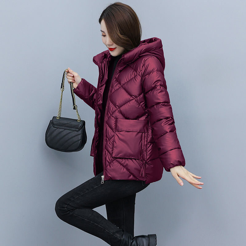 女性用ショートコットンジャケット,厚手の光沢のある表面,ウォッシュ,フードなし,韓国語,新品,2023