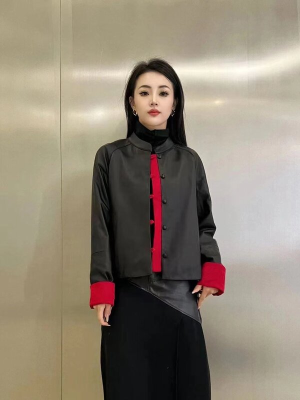 Jaqueta de couro estilo chinês feminino, casaco de pele de carneiro casual, curta, estilo chinês, nova, primavera e outono, 2024