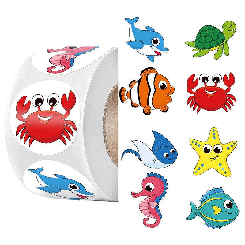Rouleau d'étiquettes autocollantes en forme d'animaux de la mer, 100 à 500 pièces, 1 pouce, 2.5cm, jouets pour enfants, louange, récompense, étudiant, travail, papeterie, cadeau