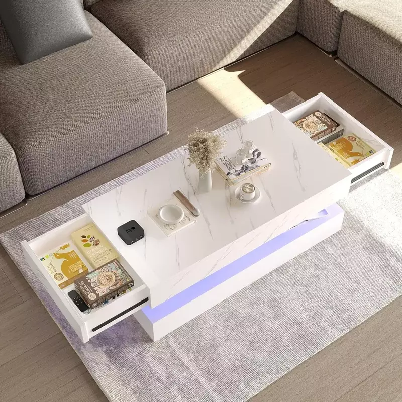 Stolik kawowy z diodami LED, nowoczesny biały stolik kawowy o wysokim połysku z 2 szufladami, 2-poziomowy prostokątny stolik kawowy