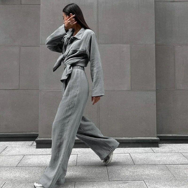Conjunto de pijama de cintura alta para mujer, ropa de dormir holgada de bolsillo y manga larga con cuello vuelto, color gris, novedad