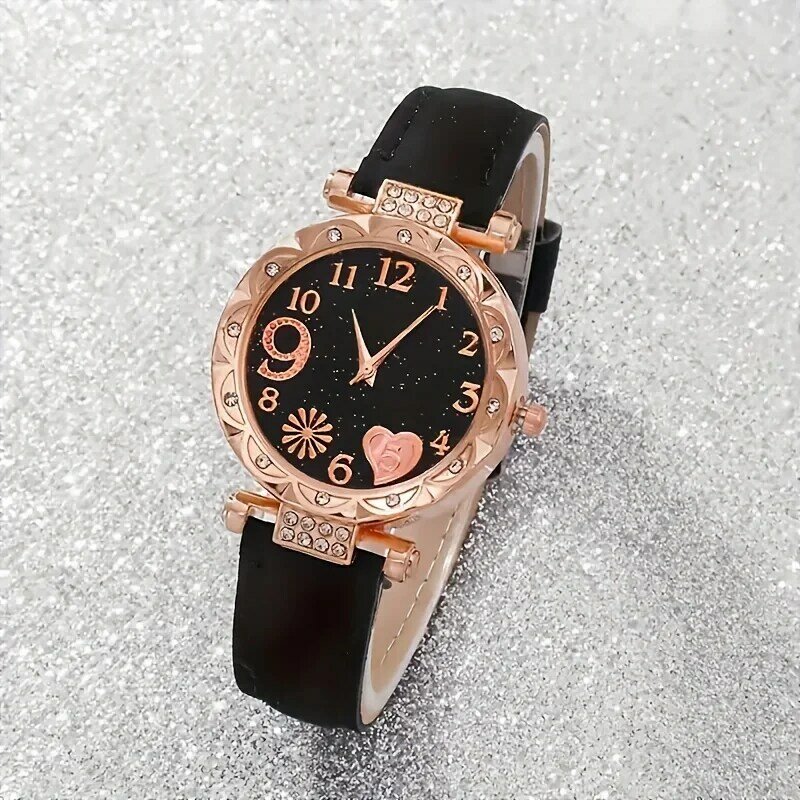 Elegante relógio de quartzo para mulheres, relógio de strass, couro PU, pulseiras analógicas, presentes para ela, 6 peças