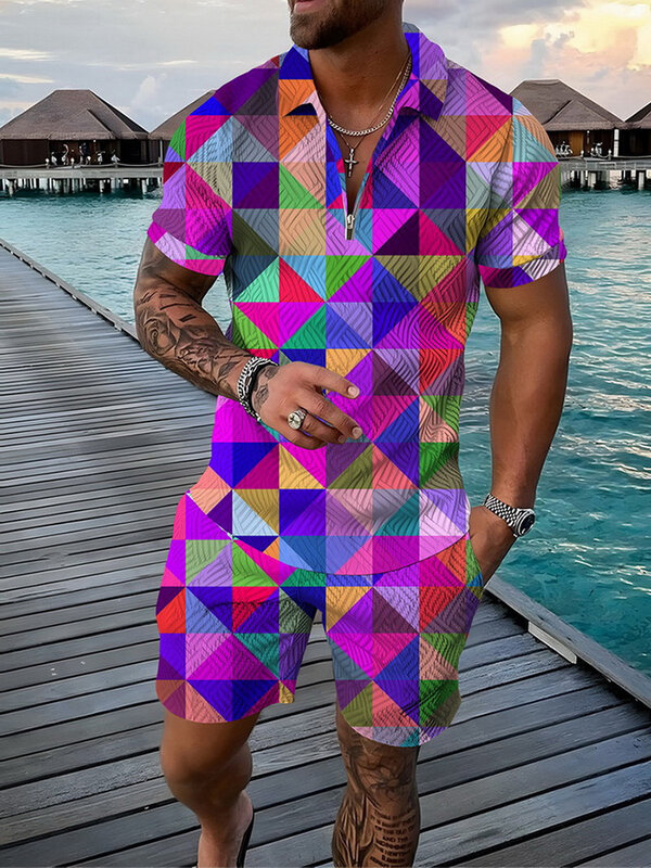 Спортивный костюм мужской с цветными квадратами, рубашка-поло на молнии с воротником и 3D принтом, модные шорты, уличный комплект из 2 предметов, лето