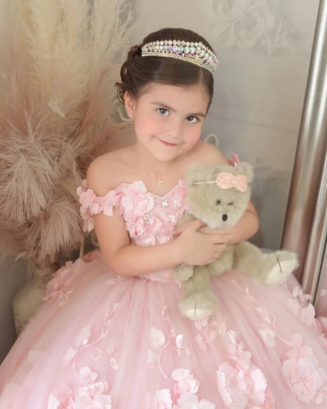 Vestido de niña de flores con apliques 3d rosa para boda, sin hombros, perlas de lujo, tul para niño, primer vestido de fiesta de cumpleaños eucarista