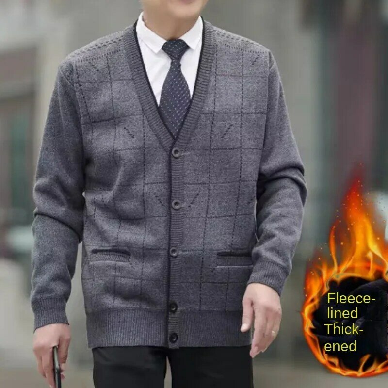Winter Plush and Thickened Middle-aged and Elderly Men's Knitted Cardigan Sweater Jacket V-neck Dad Loose Knit Sweater