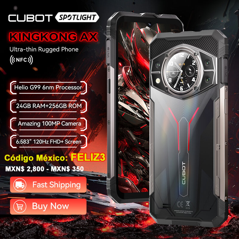 Cubot KINGKONG AX, Smartphone Kasar Ultra Tipis Android 14, Helio G99, RAM 24GB (12GB+12GB Extended), ROM 256GB, Layar FHD+ 6,583", 120Hz, Kamera 100MP, NFC