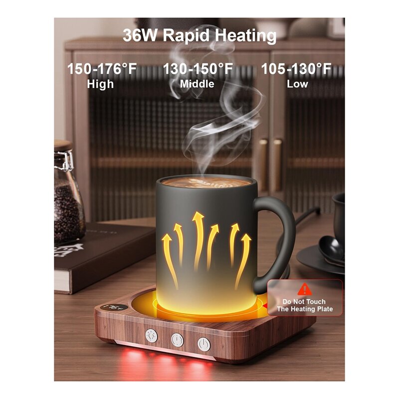 Mug Warmer- 36W Coffee Mug Warmer For Desk With Temperature Display, 2-12Hrs Auto Shut Off, Candle Warmer Wood Durable