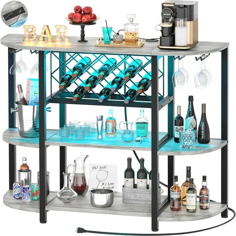 Gabinete de barra de café de Metal de 4 niveles con salida y luz LED, mesa de piso independiente para licor, soporte para vidrio, estante para vino, almacenamiento