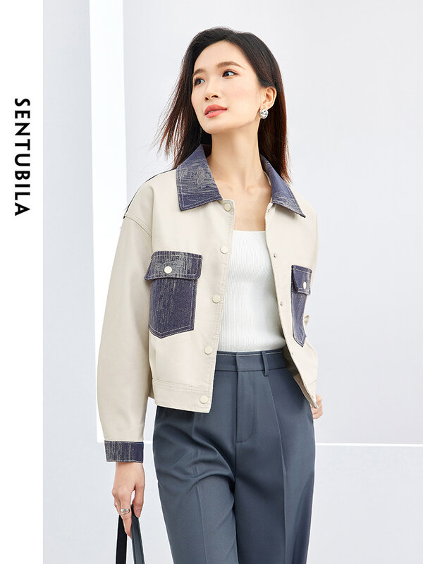 Sentubila-Jaqueta de couro PU casual recortada feminina, casaco reto manga comprida, sobretudo lapela emendado, contraste de primavera, W41G52869, 2024
