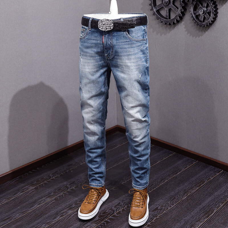 Джинсы мужские в итальянском стиле, модные рваные джинсы Slim Fit в ретро стиле, винтажные дизайнерские штаны, синие