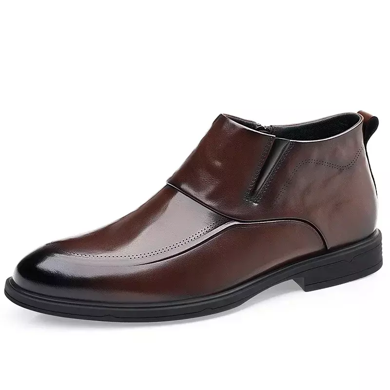 Sepatu serbaguna pria 2023, sepatu kasual luar ruangan pernikahan kulit ujung lancip ritsleting samping, sepatu jahit hak rendah polos pria