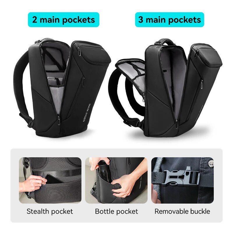 マーク-男性用防水ビジネスバックパック、旅行用ラップトップバックパック、USB充電、17インチのラップトップとテクノロジーギアに適合
