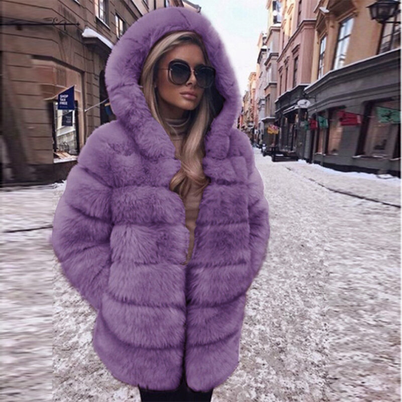 2023 Hooded Fluffy Jacket Women Long Faux Fur Coat Winter Thick Warm Furry Outerwear Faux Fur Coats and Jackets Manteau Femme