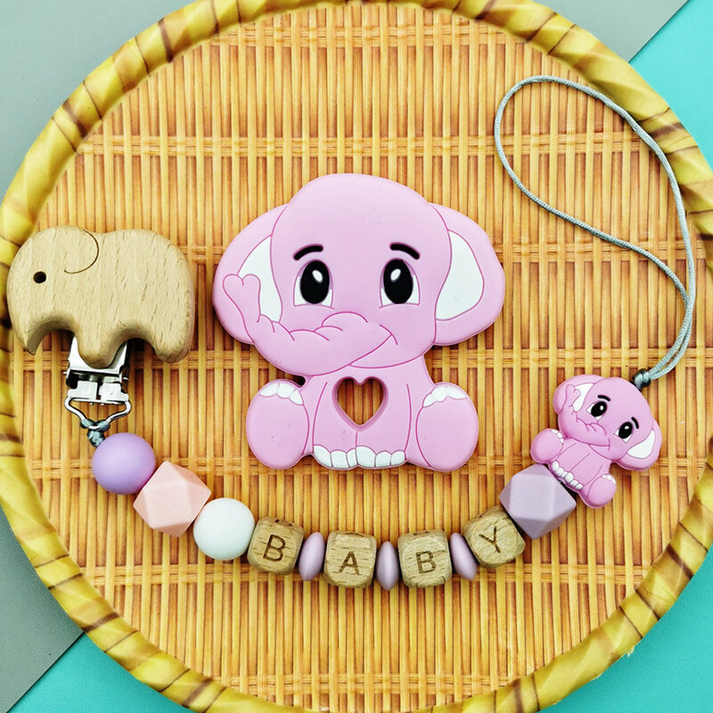 Custom English Beech Letter Names Elephant Baby Silicone Pacifier Chains Clips Teether Pendants for Infant Teether Toys Gifts