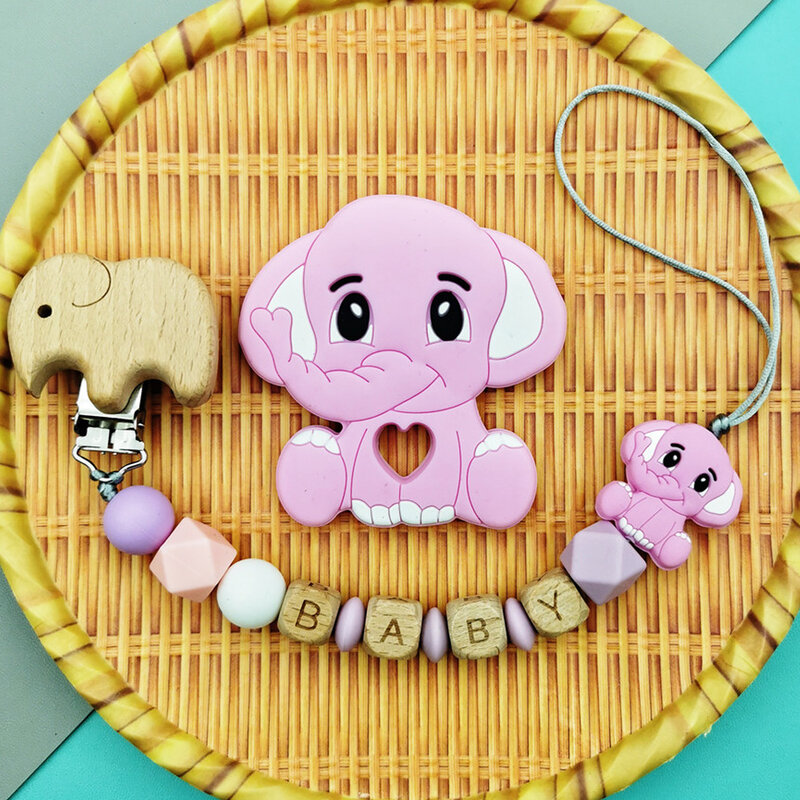 Kustom huruf Beech nama gajah bayi silikon dot rantai klip liontin Teether untuk bayi hadiah mainan Teether