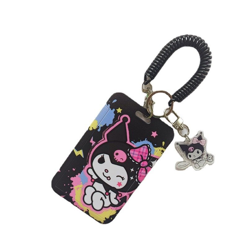 Sanrio-funda protectora de dibujos animados de Hello Kitty, Kulomi Melody, portatarjetas de PVC, cordón de cuerda de resorte, llavero colgante antipérdida de identificación