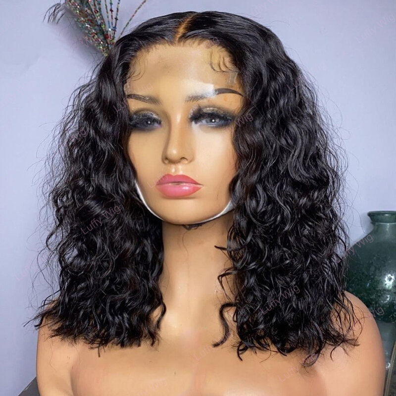 Natural Black Soft Bob Glueless 180Density 16“ Kinky curly Lace Front Wig For Women BabyHair  Preplucked Heat Resistant Daily