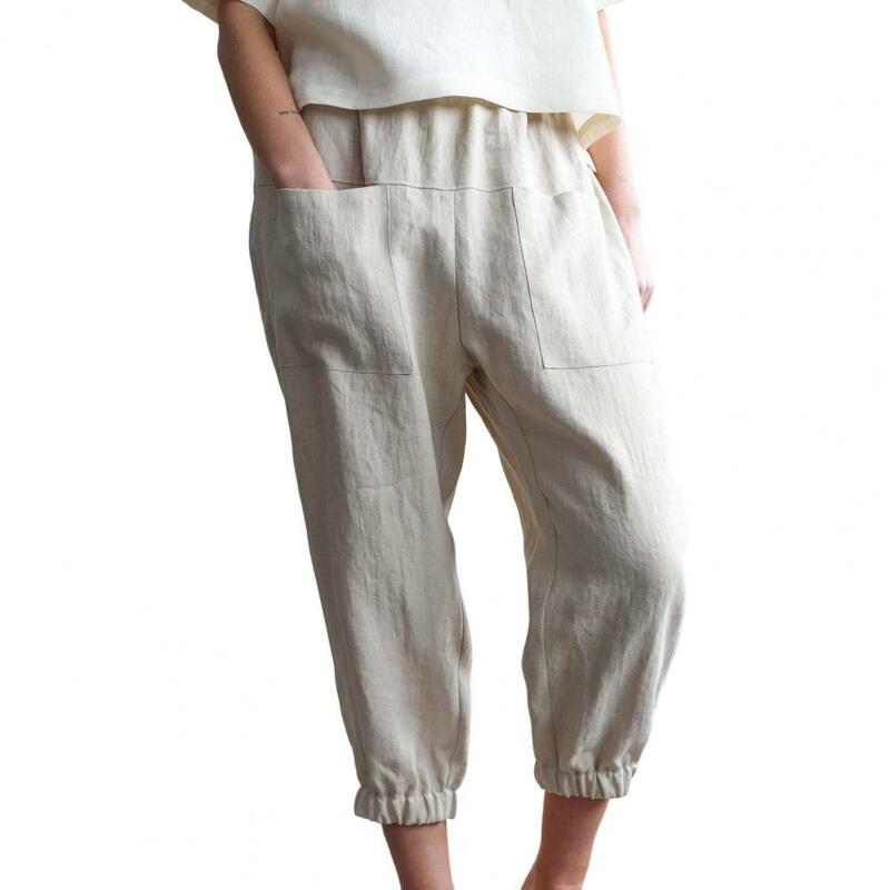 Celana kasual wanita warna polos, celana crop kaki lebar bergaya wanita dengan pinggang elastis kantong besar untuk pakaian jalanan