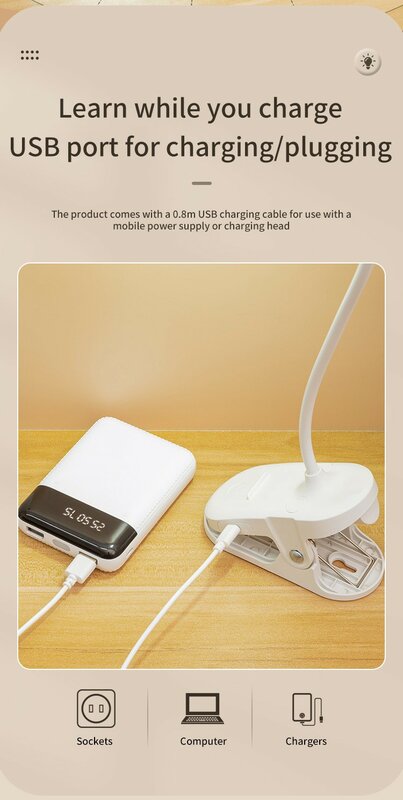 Lámpara de mesa recargable por USB con Clip, luz nocturna LED táctil con 3 modos de atenuación, protección ocular
