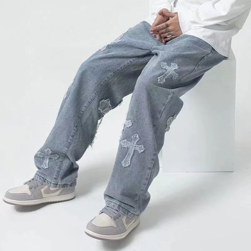 Уличная одежда в стиле хип-хоп с низкой посадкой для мужчин, модные корейские брюки Y2k, джинсовые брюки с перекрестной кромкой, мешковатые джинсы, одежда в стиле панк