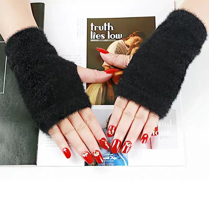 Guantes suaves de lana para mujer, manoplas de medio Dedo de piel, felpa cálida, punto sin dedos, muñeca esponjosa, escritura