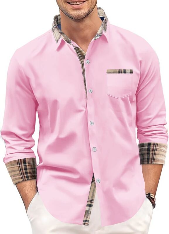 Camisa informal de manga larga para hombre, camisa con cuello de retazos a cuadros, bolsillo, botón de solapa, nueva moda, primavera y otoño