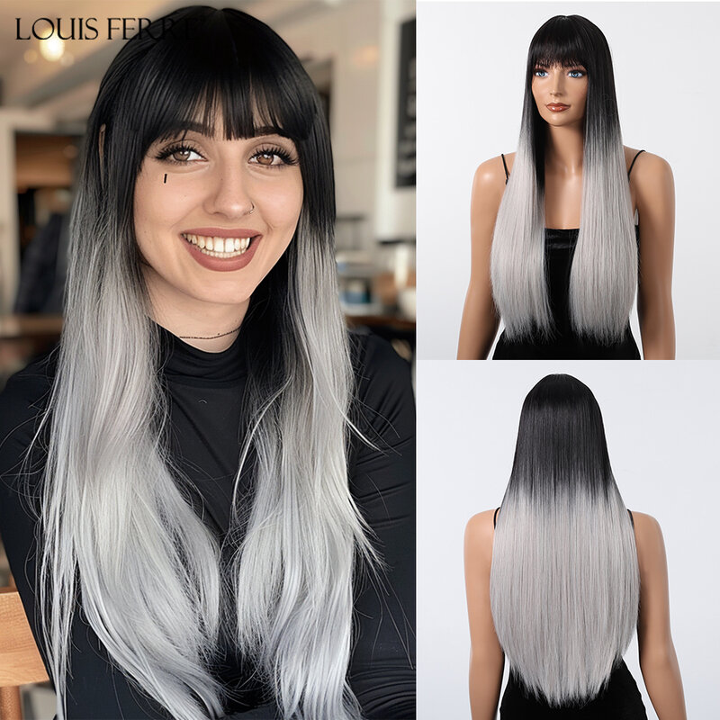 LOUIS FERRE długie proste peruki syntetyczne dla kobiet czarne srebrne szare włosy Ombre codzienne peruki do cosplay z grzywką żaroodporne