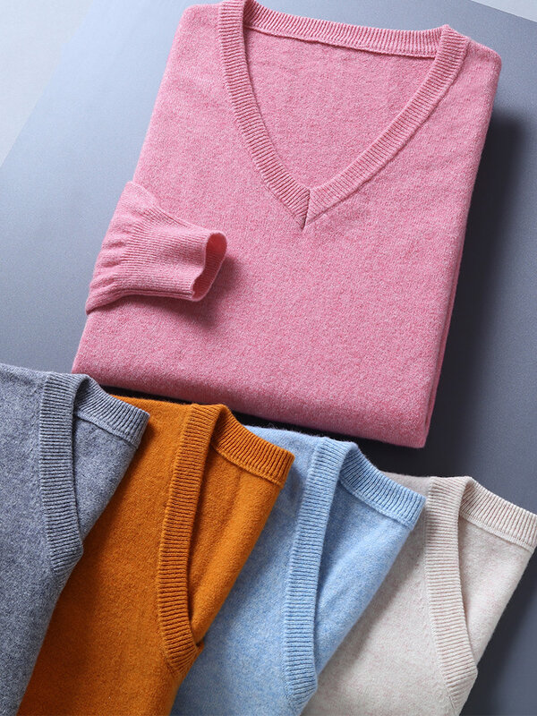 Suéter de cachemira para hombre, Jersey de punto con cuello en V, suave y cálido, Otoño e Invierno