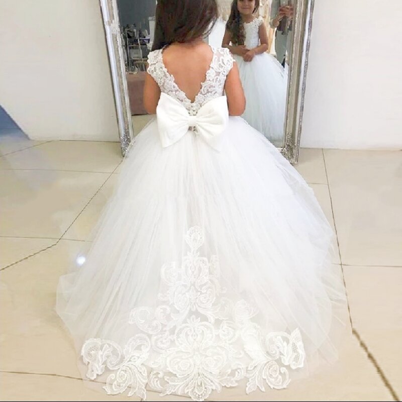 Tulle Long Flower Girl Dresses Lace Princess Child Wedding Party Dress Sleeveless First Communion Ball Gown for Baby Kids