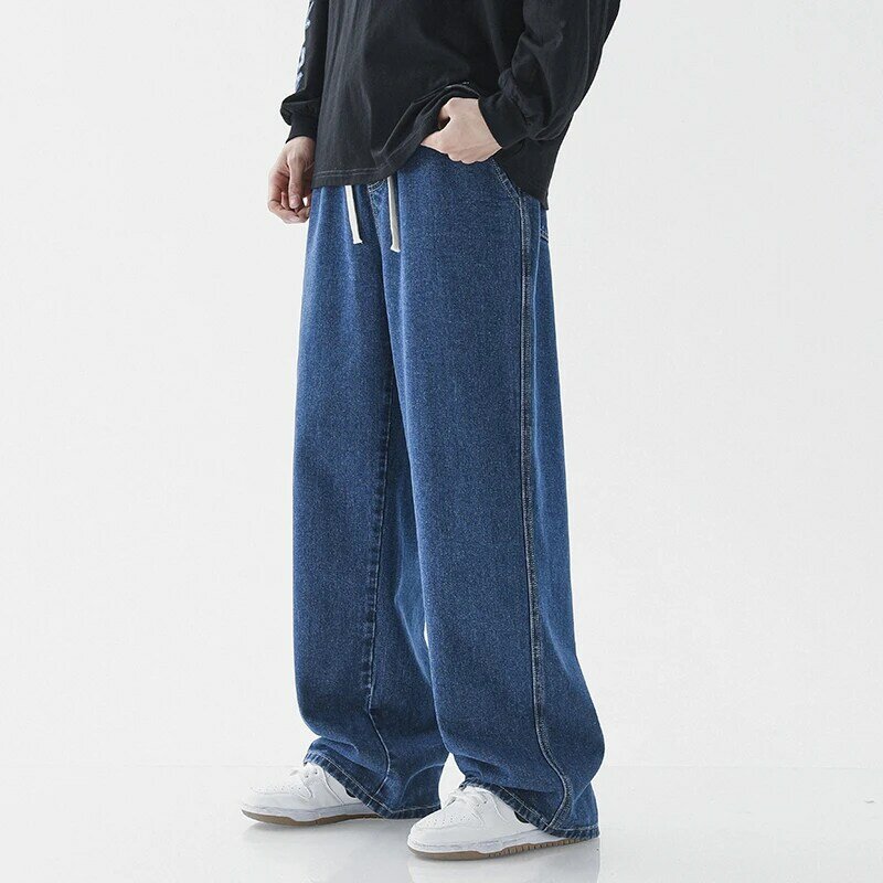 Pantalones vaqueros holgados de estilo universitario para hombre, pantalón informal de color azul claro, recto, negro, pierna ancha, 2XL, 3XL, novedad de 2023