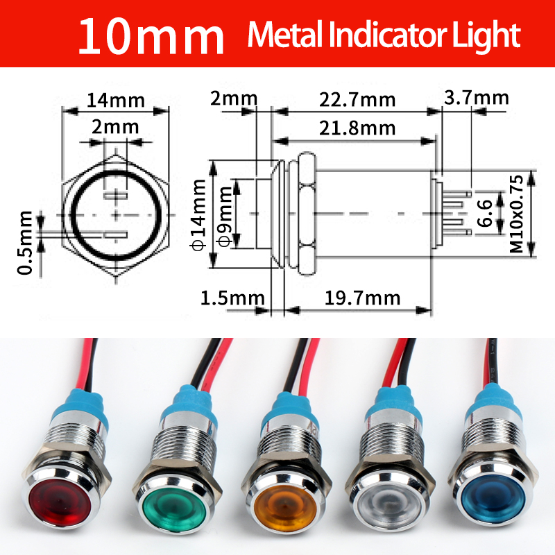 5pcs Led Colorful Waterproof Metal Indicator Light With Wire Screw Pin Mini Signal Lamp 220vac 24vdc 6 8 10 12 16 19 22mm