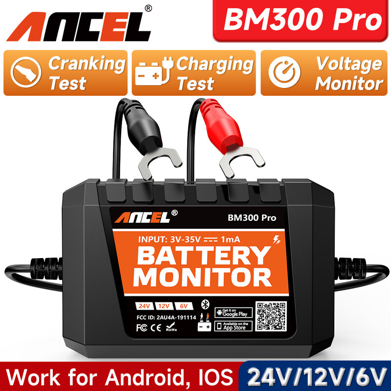 ANCEL BM300 PRO 6V 12V 24V Monitor baterii Bluetooth Analizator stanu zdrowia baterii Test układu rozruchowego / alarmowy Tester baterii