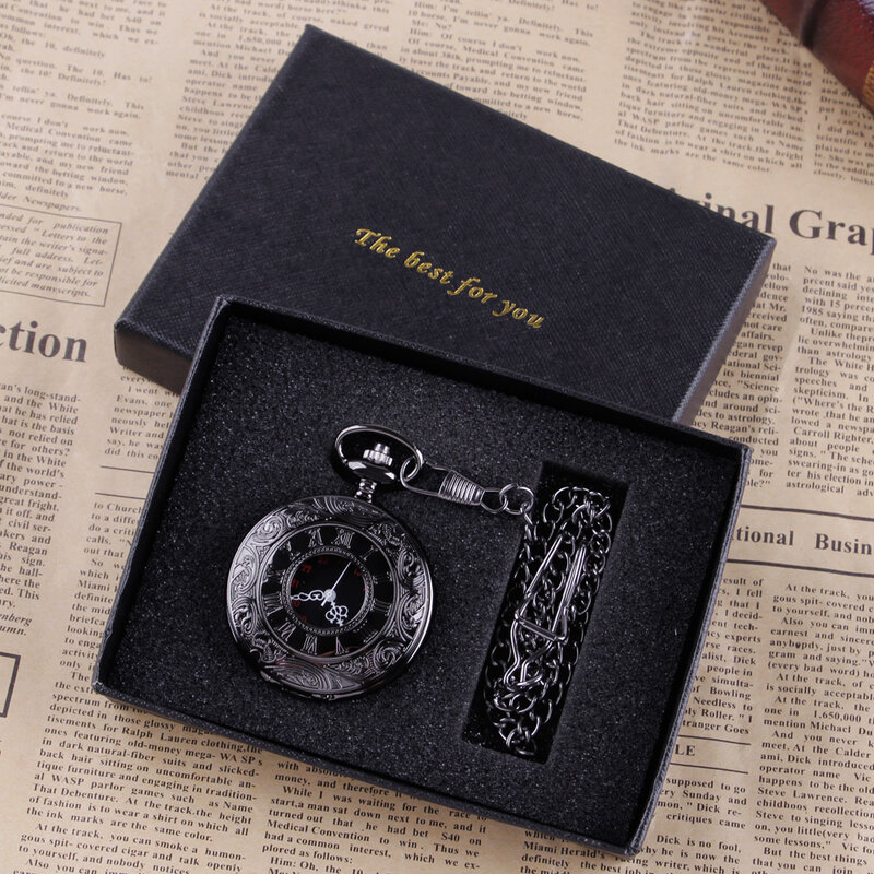 Neue Vintage Quarz Charme schwarz römische Nummer Steampunk Taschenuhr Halskette Anhänger mit Geschenk box für Männer Frauen