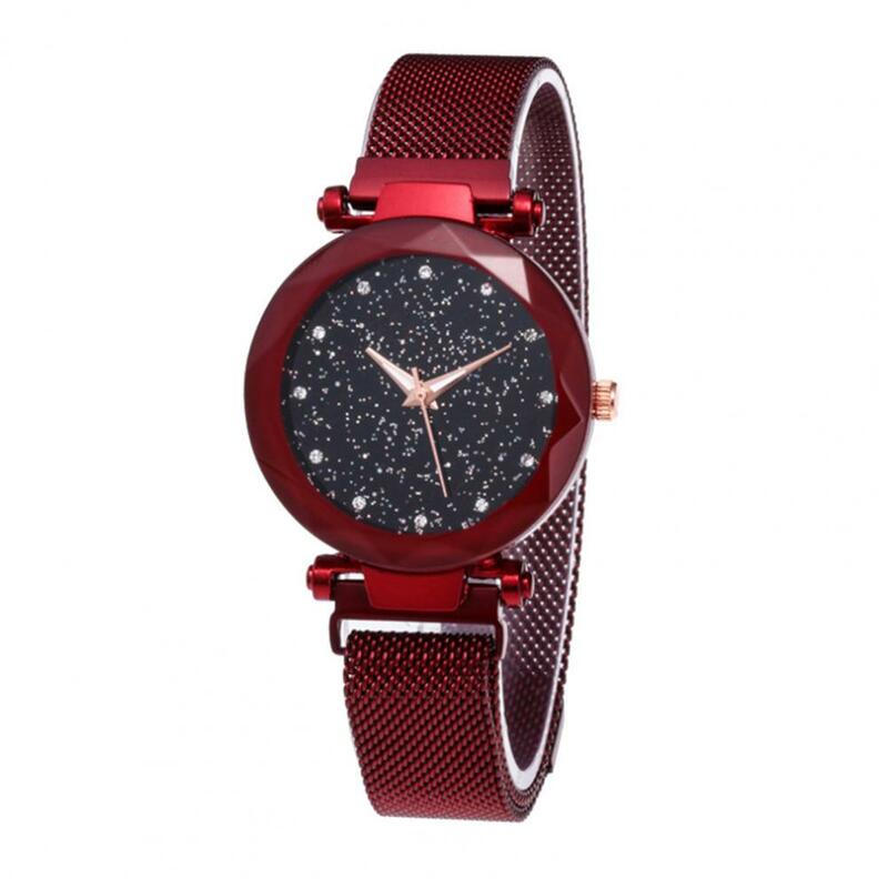 Relógio com mostrador céu estrelado feminino, strass elegante, movimento de quartzo feminino, design minimalista de metal, elegante para senhoras