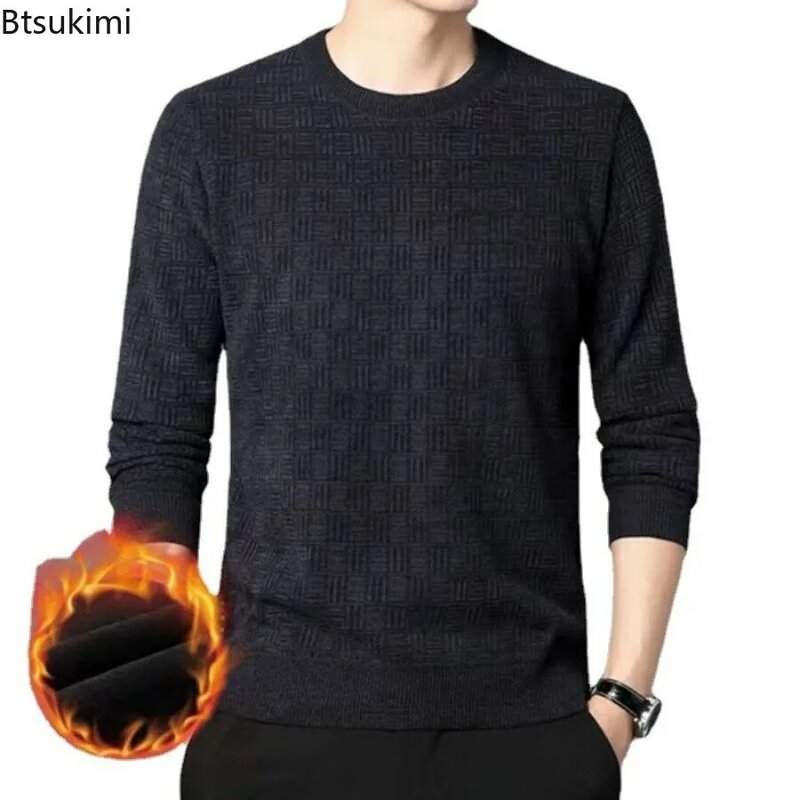 2024 Men's Winter Jacquard Sweaters Thicker Fleece Warm Knit Pullovers Tops Solid Bottoming Shirts Business Office Men's Sweater