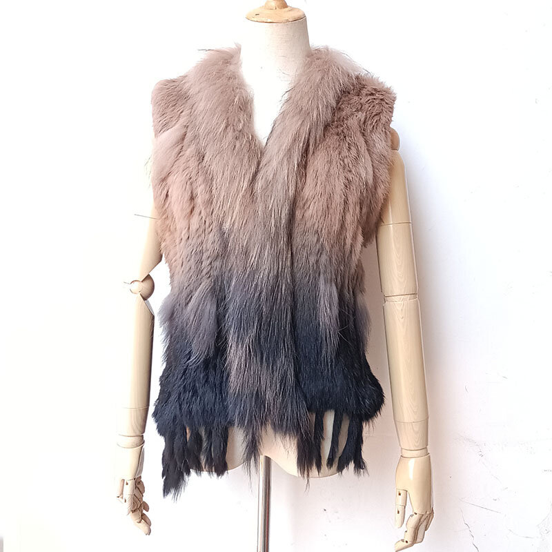 Colete de pele de coelho real tricotado feminino, gola de pele de guaxinim, colete casual quente com borla, novo, genuíno, 2023