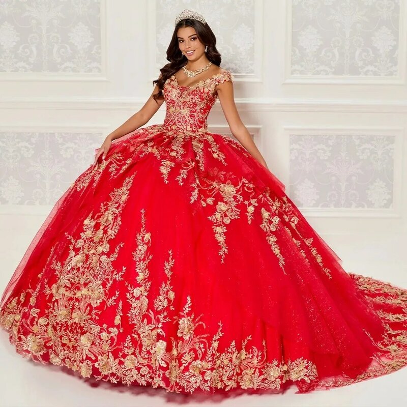 Gaun Quinceanera merah gaun bola gaun Tulle leher-v applique gaun lucu lucu Meksiko gaun Charro 15 Anos