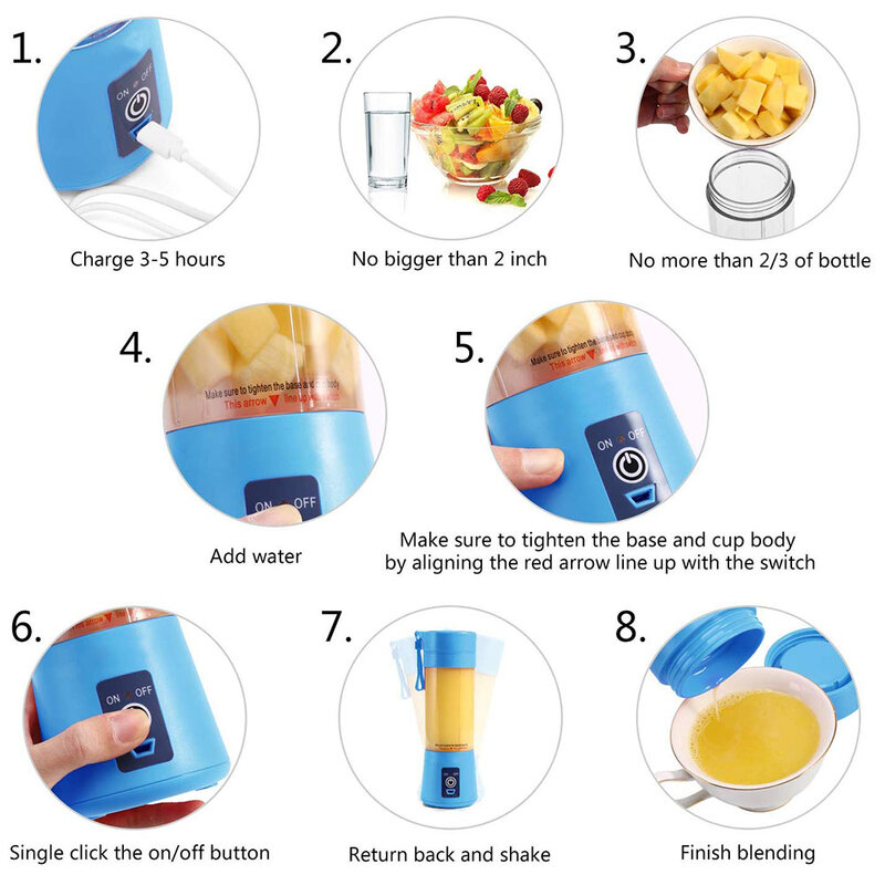 휴대용 미니 과일 주스 컵, 400ml 압착기, 전기 믹서, USB 충전, 4 날 야채 주스 블렌더, 밀크쉐이크