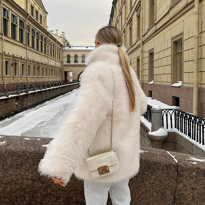 Iconic jaket bulu sintetis wanita, mantel pakaian luar berbulu panjang tebal hangat bulu rubah musim dingin model merek mewah