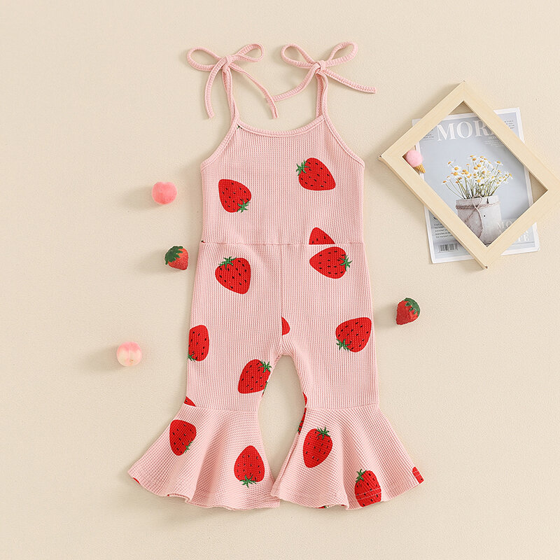 VISgogo Kid Girls Jumpsuit Spaghetti Straps Strawberry Print Romper Clothes for Party Casual Summer Clothes
