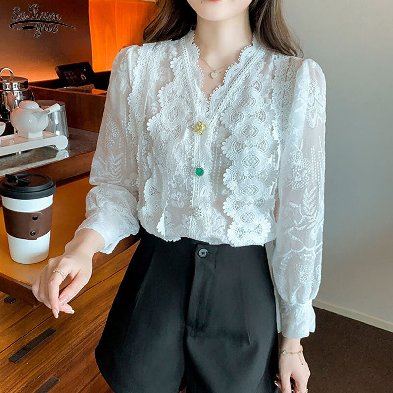 Elegante oco manga comprida blusa branca 2022 outono com decote em v francês vintage rendas costura camisa feminina botões blusas 23024