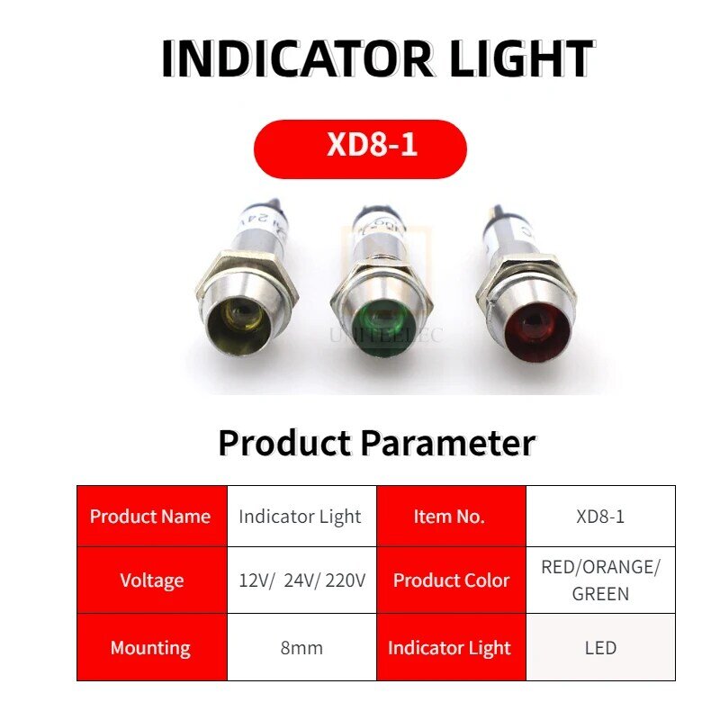 Uniteeelec-luces LED de montaje pequeñas para motocicleta, luz roja de 8mm de diámetro, verde, rojo, naranja, 220V, 24V, 12V