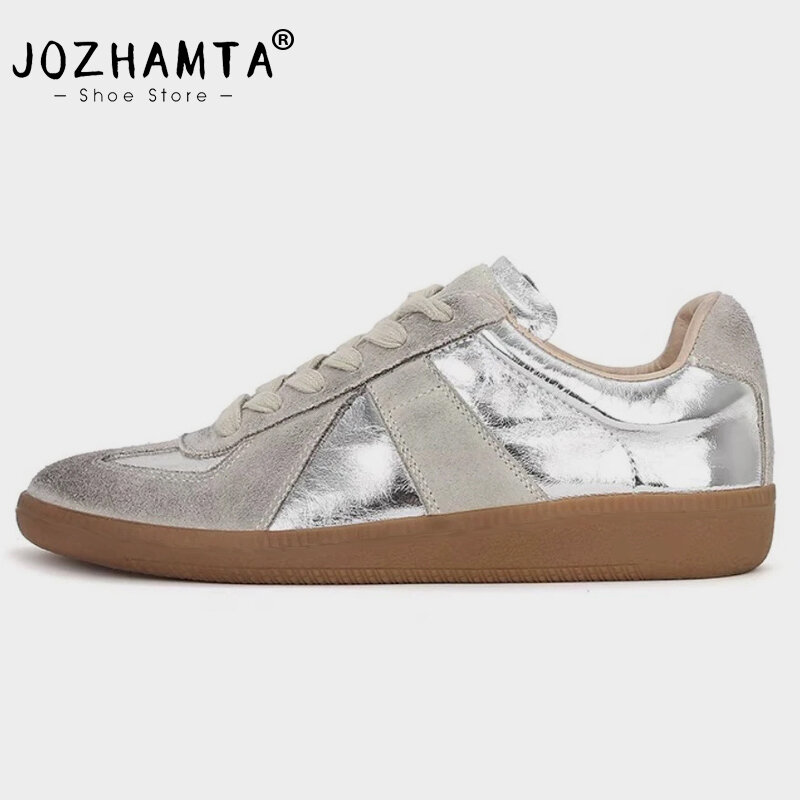 JOZHAMTA rozmiar 35-40 prawdziwe skórzane damskie trampki srebrne sznurowane buty sportowe na niskim obcasie sznurowane buty do tenisa