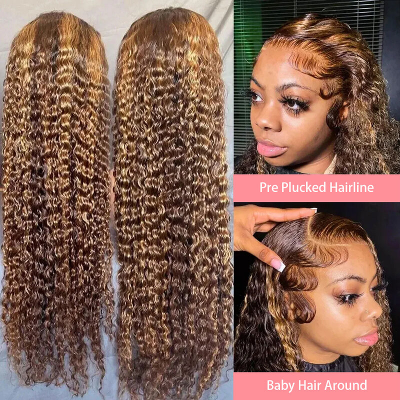 Peluca de cabello humano rizado con encaje Frontal para mujer, postizo de 30 y 32 pulgadas, color marrón miel, 13x4 degradado